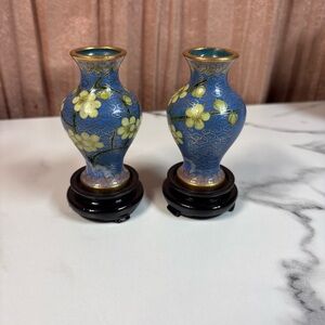 Vintage Jingfa cloisonné vases with wood stands